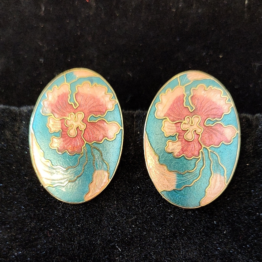 Beautiful Gold Tone Teal & Pink Flower Cloisonne Earrings - Pierced Like New